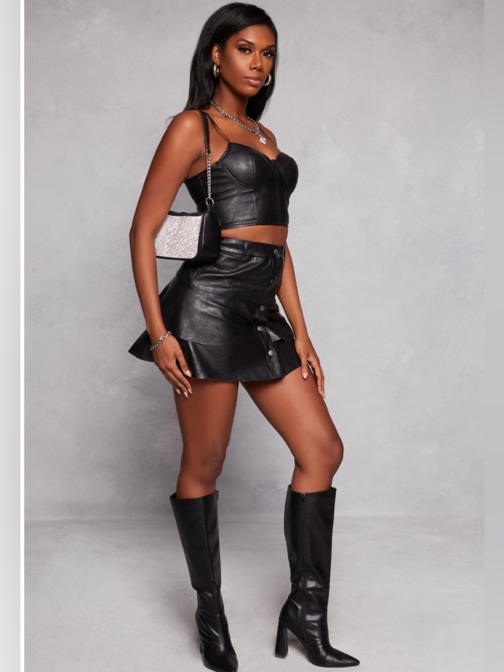 NWT Haute Monde Black Faux Leather A-Line Button-Front Mini Skirt